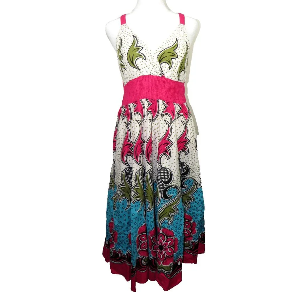 Indian Tropical Fashion Women's Size M/L Multi Color Floral V Neck Smocked Dress